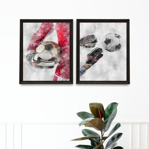 Kit 2 Quadros Aquarela Futebol Goleiro 45x34cm - com Vidro:madeira Preta