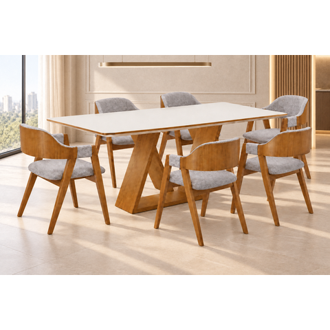 Sala de Jantar 6 Cadeiras Mesa 2x1 Europa - Imperial:Linho Cinza