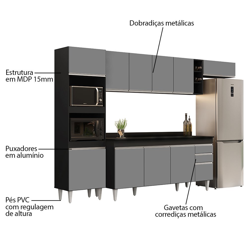 Armário de Cozinha Modulada 5 Peças CP17 Balcão com Tampo Preto/Cinza - Lumil Lumil Móveis - 3