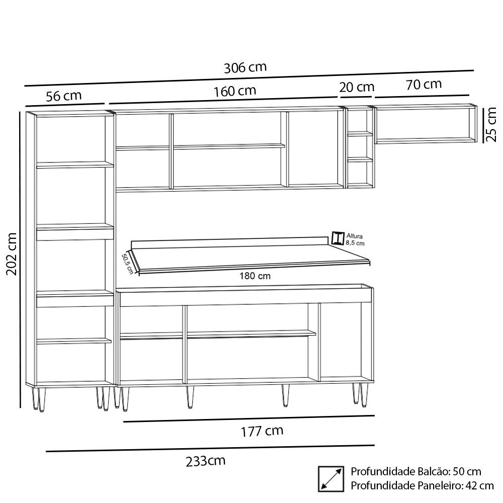 Armário de Cozinha Modulada 5 Peças CP17 Balcão com Tampo Preto/Cinza - Lumil Lumil Móveis - 4