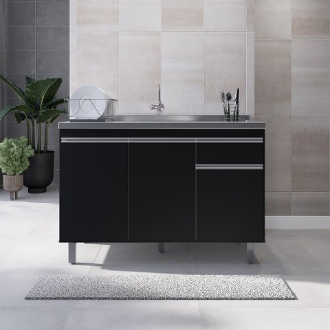 Balcão P/ Pia de Inox 120cm Preto 3 Portas 1 Gaveta S/ Tampo