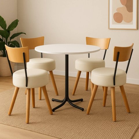 Mesa de Jantar Redonda 80cm Preto Tampo Branco com 4 Cadeiras Estofada Off-white Encosto Madeira Urb