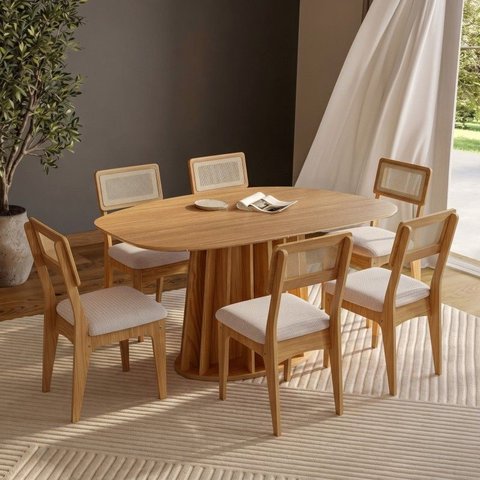 Conjunto Sala de Jantar Mesa Orgânica Ripada 160cm com 6 Cadeiras MDF Palha Sintética Freijó/Bege Cl