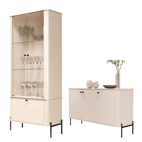 Conjunto de Buffet e Cristaleira Bruma Nobre 5 Portas MDF Off White Preto Bechara Móveis