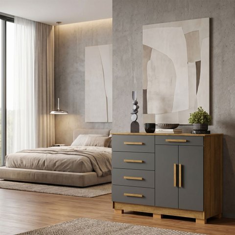 Cômoda Sapateira 5 Gavetas 2 Portas Multiuso Móvel Quarto Nature Alaska