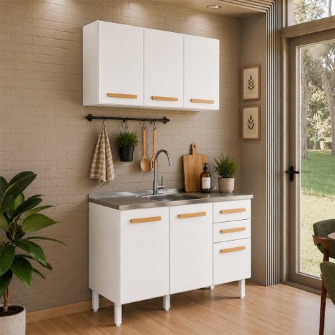 Conjunto de Cozinha Intenza 120cm com Armário Aéreo e Balcão com Pia Branco Freijó Nicioli Ghelplus