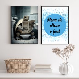 Kit 2 Quadros Engraçados Banheiro - Tartaruga 45x34cm - com Vidro:madeira Preta - 1