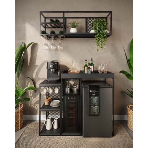 Aparador Adega Cervejeira Frigobar Industrial com Cantinho Café Alba Metal e MDF Preto