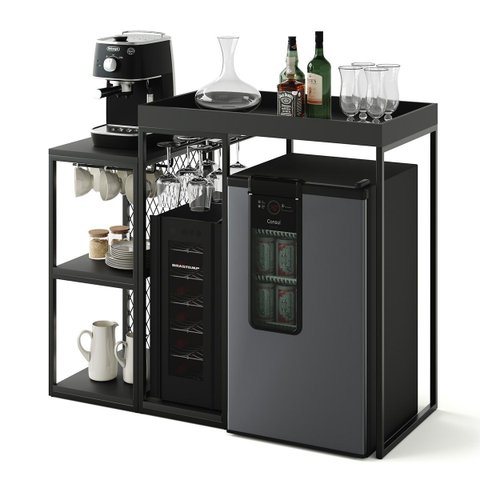Aparador Adega Cervejeira Frigobar Industrial com Cantinho Café Alba Metal e Mdf Preto