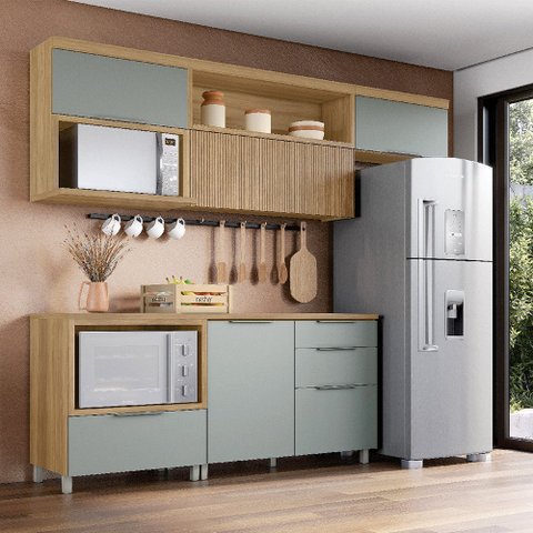 Cozinha Modulada 5 Peças 4 Portas 4 Gavetas Ripado Marquesa 100 Mdf