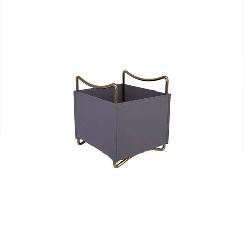 Organizador de Mesa Porta Utensilios Metal e Couro Sintetico Cinza 12cm TH0046 BTC