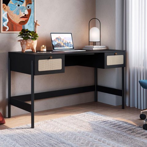 Escrivaninha Vintage com Tela Sintética e 2 Gavetas 1,39m Cor:nero