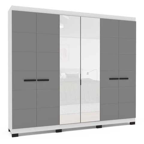 Roupeiro Lisboa 6 Portas com Espelho 4 Gavetas 242x214cm Branco/Cinza 240855
