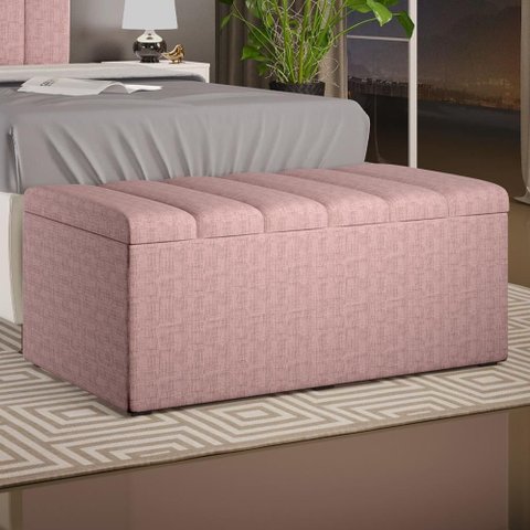 Calçadeira Recamier Baú Solteiro Dália W01 100cm Linho Rosa Estrutura Madeira Lyam Decor