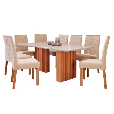 Mesa de Jantar Tampo de Vidro Off White Ester 2,10 com e 8 Cadeiras Clarice Cinamomo/madeira/nude
