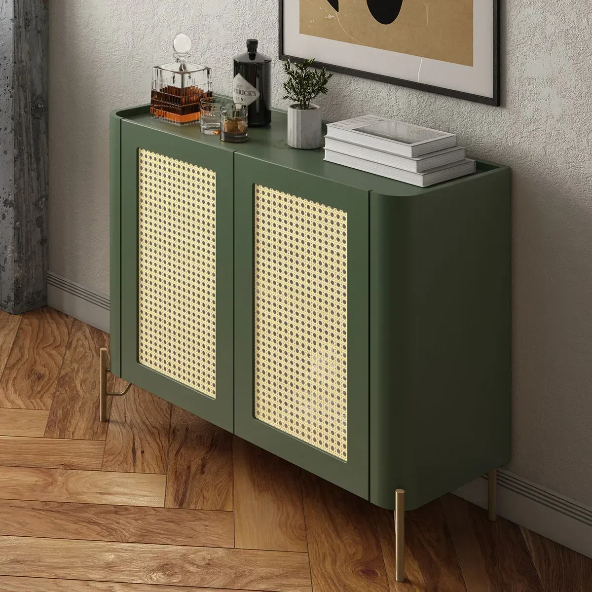 Ver imagem 1 de Buffet Mdf com Gaveta e Palha Natural L98,5 X A81,5cm Musgo/dourado F830s