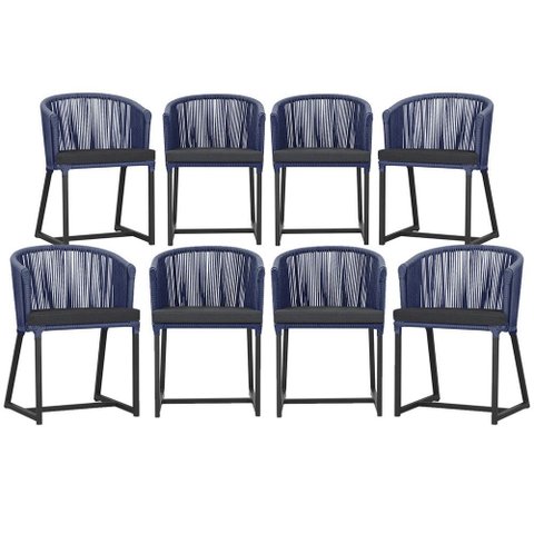 8 Cadeiras de Jantar Área Noronha em Alumínio com Pintura Preta Corda Náutica Estofado 11 Trama Orig