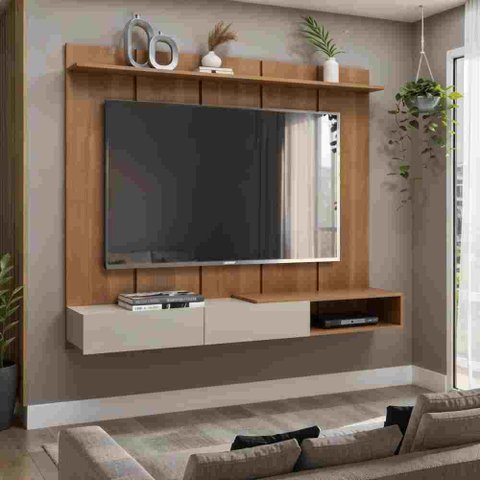 Painel Home para TV até 55 Polegadas Liso Ripado Ravello 160:Cinamomo/Off White