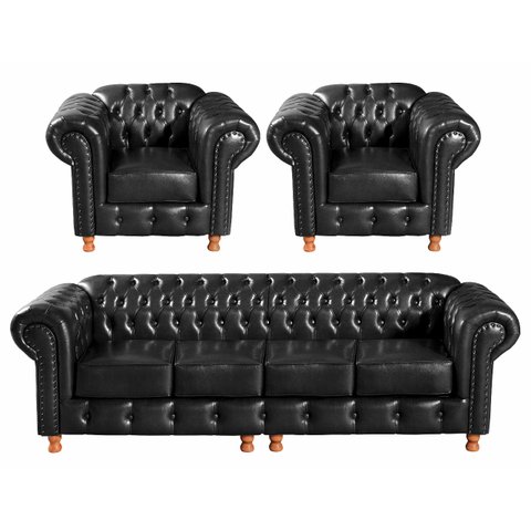 Conjunto Sofá 4 Lugares E 2 Poltronas Luis Xv Capitonê Chesterfield - Couríssimo Preto