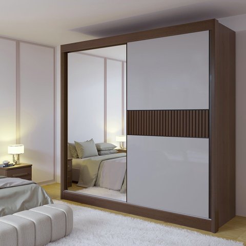 Guarda-Roupa Casal com Espelho 100% MDF 2 Portas Correr 6 Gavetas Castanho/Off White Ripado Coliseu