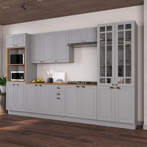 Cozinha Modulada Completa Americana 100% MDF 350cm com Rodapé Provence Multimóveis Crink-CPL002