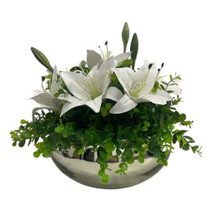 Arranjo Grande Centro Mesa Lírio Branco Artificial Vaso Prata Espelhado Decore Fácil Shop