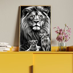Quadro Decorativo Animais Leão e Seus Filhotes com Moldura Dourada - 150x100 Cm - 4