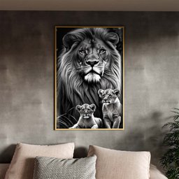 Quadro Decorativo Animais Leão e Seus Filhotes com Moldura Dourada - 150x100 Cm - 1
