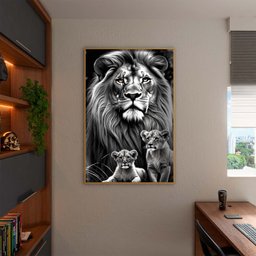 Quadro Decorativo Animais Leão e Seus Filhotes com Moldura Dourada - 150x100 Cm - 3