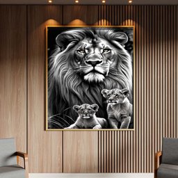 Quadro Decorativo Animais Leão e Seus Filhotes com Moldura Dourada - 150x100 Cm - 2