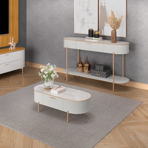 Conjunto Aparador Decorativo Amanda 1 Gaveta e Mesa de Centro Bento 1 Gaveta Pés Metálicos Dourados 