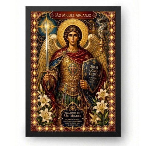 Quadro São Miguel em Estilo Bizantino Quaresmal 15x21cm Moldura Preta