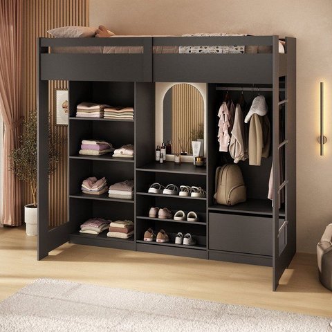 Cama Juvenil Multifuncional com Closet e 1 Gaveta Luna Grafite Espresso Moveis