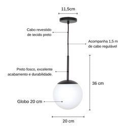 Lustre Pendente Jabuticaba Preto Globo de Vidro 20 Cm - 3