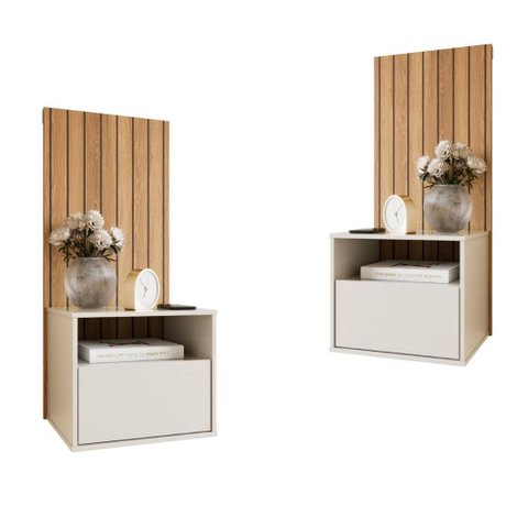 Kit 2 Mesas de Cabeceira Suspensa Efeito Ripado Cross Freijó - Movelove