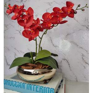 Arranjo Com 2 Orquídeas Vermelha Vaso Dourado 22cm