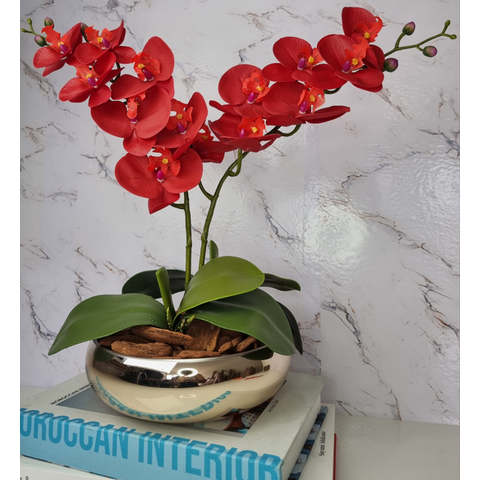 Arranjo Com 2 Orquídeas Vermelha Vaso Dourado 22cm