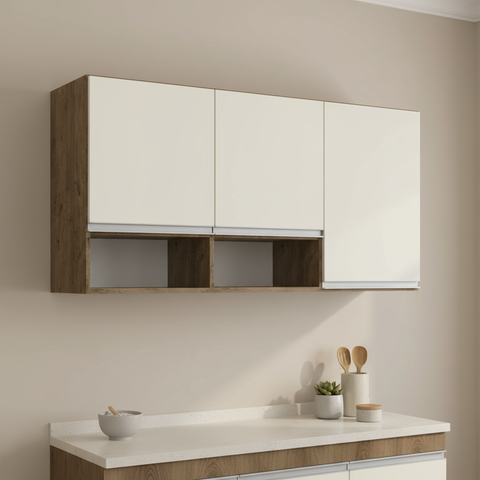 Armário Aéreo para Cozinha 3 Portas 2 Nichos Athena