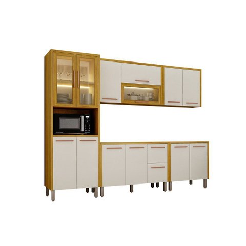 Cozinha Completa 5 Peças Donna 273 cm Vidro Reflecta e LED Aéreo 2 Pts Cinamono/Off White