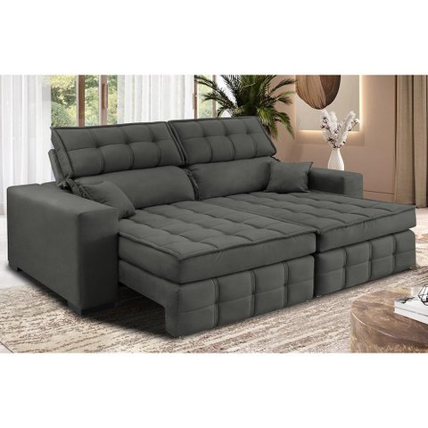 Sofá Retrátil e Reclinável 2,20M Molas Ensacadas e Costura Tripla Cama Inbox Nobre Suede Cinza