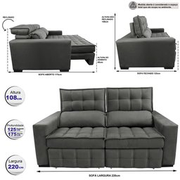Sofá Retrátil e Reclinável 2,20M Molas Ensacadas e Costura Tripla Cama Inbox Nobre Suede Cinza - 2