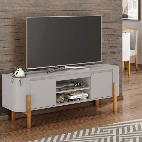 Rack para TV até 65 Polegadas MDF 160cm Pés em Madeira Maciça Camburi Cinza Off White