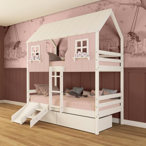 Beliche Casinha Encantada com 02 Gavetas Kit Escada/ Escorregador Madeira Maciça Rosa/ Branco