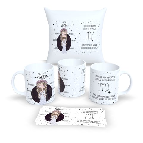 Kit com 1 Caneca de Porcelana e 1 Almofada Branca 30x30cm Personalizadas Signos"virgem"