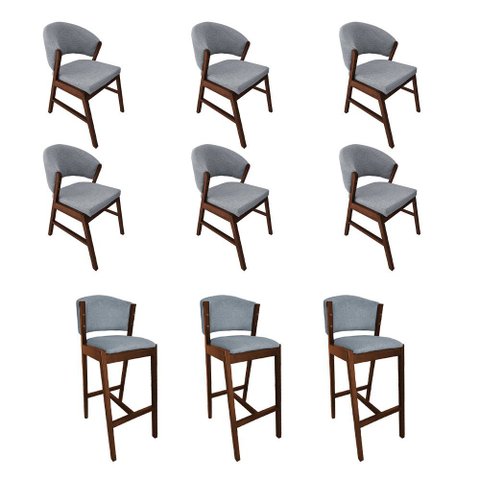 Kit 6 Cadeiras de Jantar Debora com 3 Banquetas Ana Madeira Maciça Mel Premium Linho Cinza