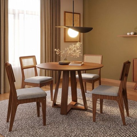 Conjunto Sala de Jantar Mesa Redonda 105cm com 4 Cadeiras MDF Palha Sintética Pinhão/Bege Claro