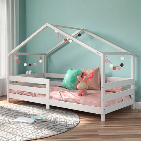 Cama Montessoriana Madeira Maciça Casa com Estrado Rena Branco Idimex