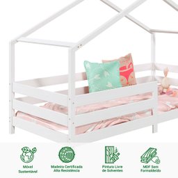 Cama Montessoriana Madeira Maciça Casa com Estrado Rena Branco Idimex - 7