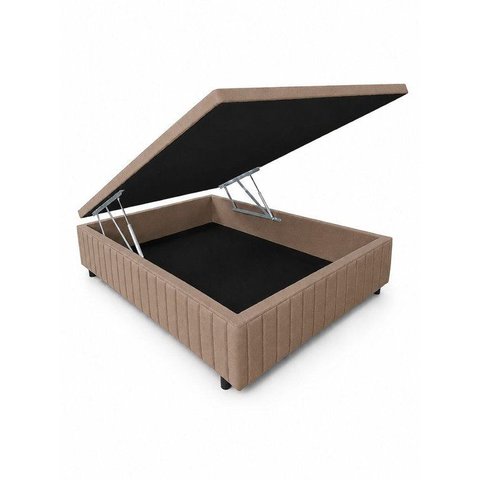Cama Box Baú 138 x 188 cm, Tecido Blindado 1cm de Espuma, 100% Madeira, Série Ouro Cor Marrom Clar