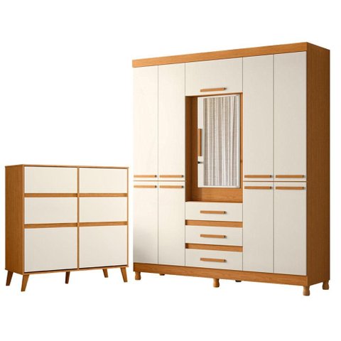 Guarda Roupa Casal New Fusion 10 Portas e Cômoda Sapateira Dora Cinamomo Off White - Móveis Albatroz